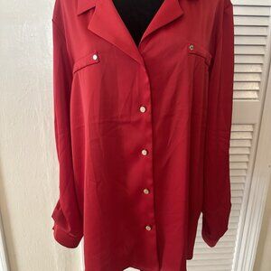 Anne Klein Red Long Sleeve V Neck Gold buttons Dress Shirt XL Quiet Luxury NWT